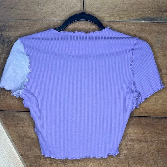 Small SHEIN EZwear Tie Dye Purple Color Block Panel Seam Front Crop Tee - Picture 6 of 7
